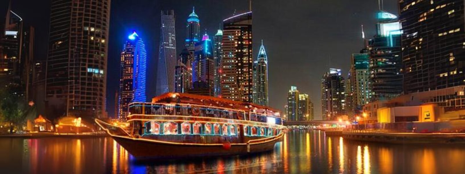A Dhow cruise boat glides on the water in front of tall buildings, with the city skyline in the background.