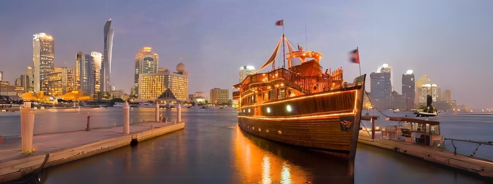 A dhow anchored in Dubai Creek with city buildings in the background.