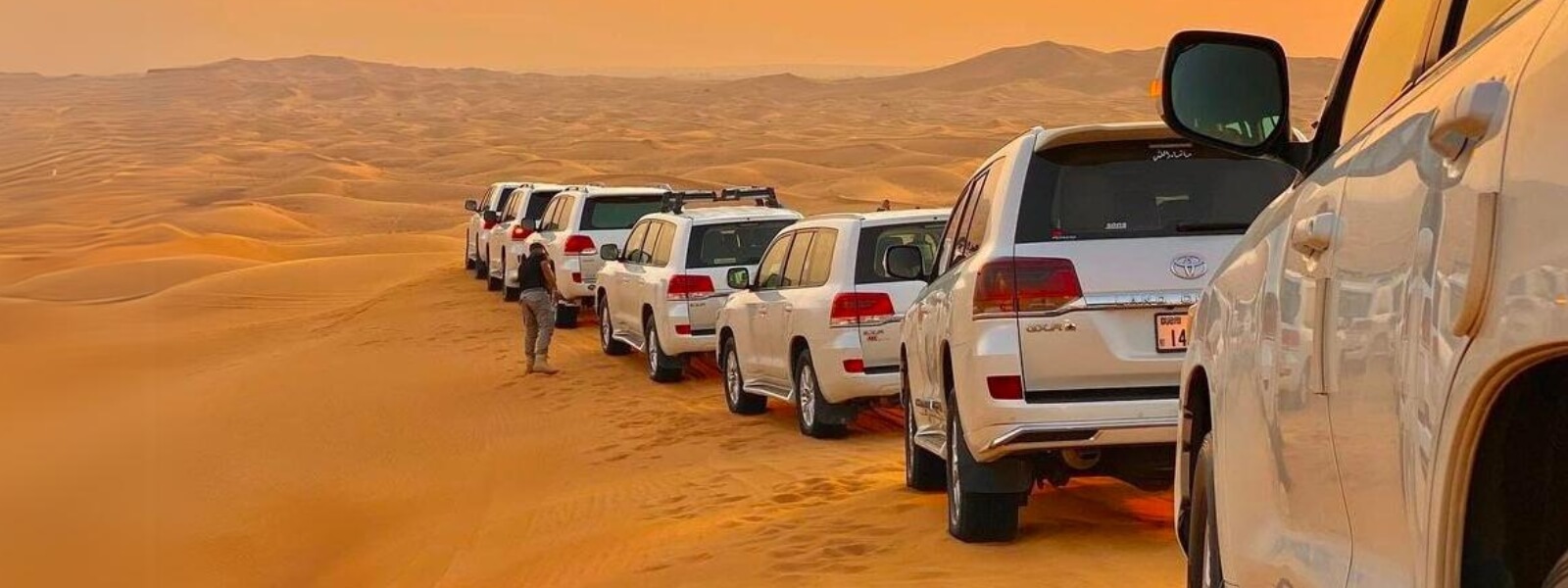 A row of white SUVs parked in the desert, under the clear blue sky.