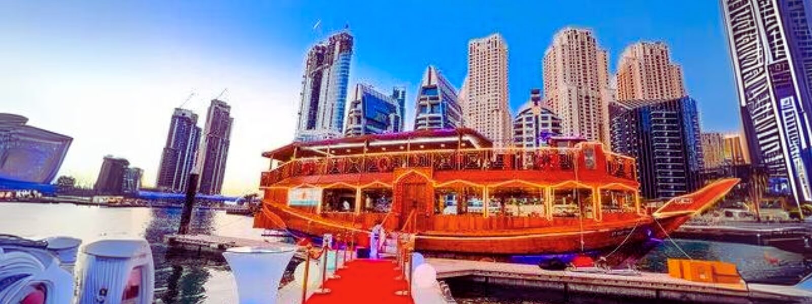 A dhow docked in front of towering buildings in a bustling harbor.