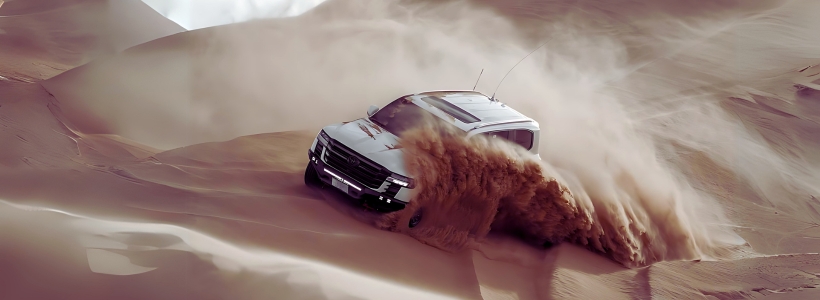 An SUV is navigating sandy dunes, demonstrating off-road prowess and adventurous nature.