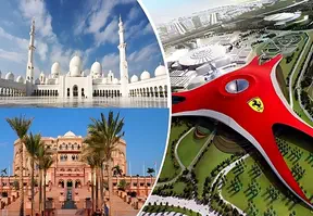 A collage of buildings including a red one. Represents a tour featuring Sheikh Zayed Mosque, Ferrari World, and other landmarks.